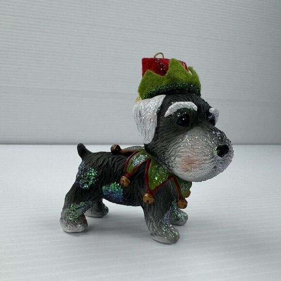 Schnauzer Dog Christmas Ornament - Wearing Santa Elf Hat & Collar - Picture 3 of 12